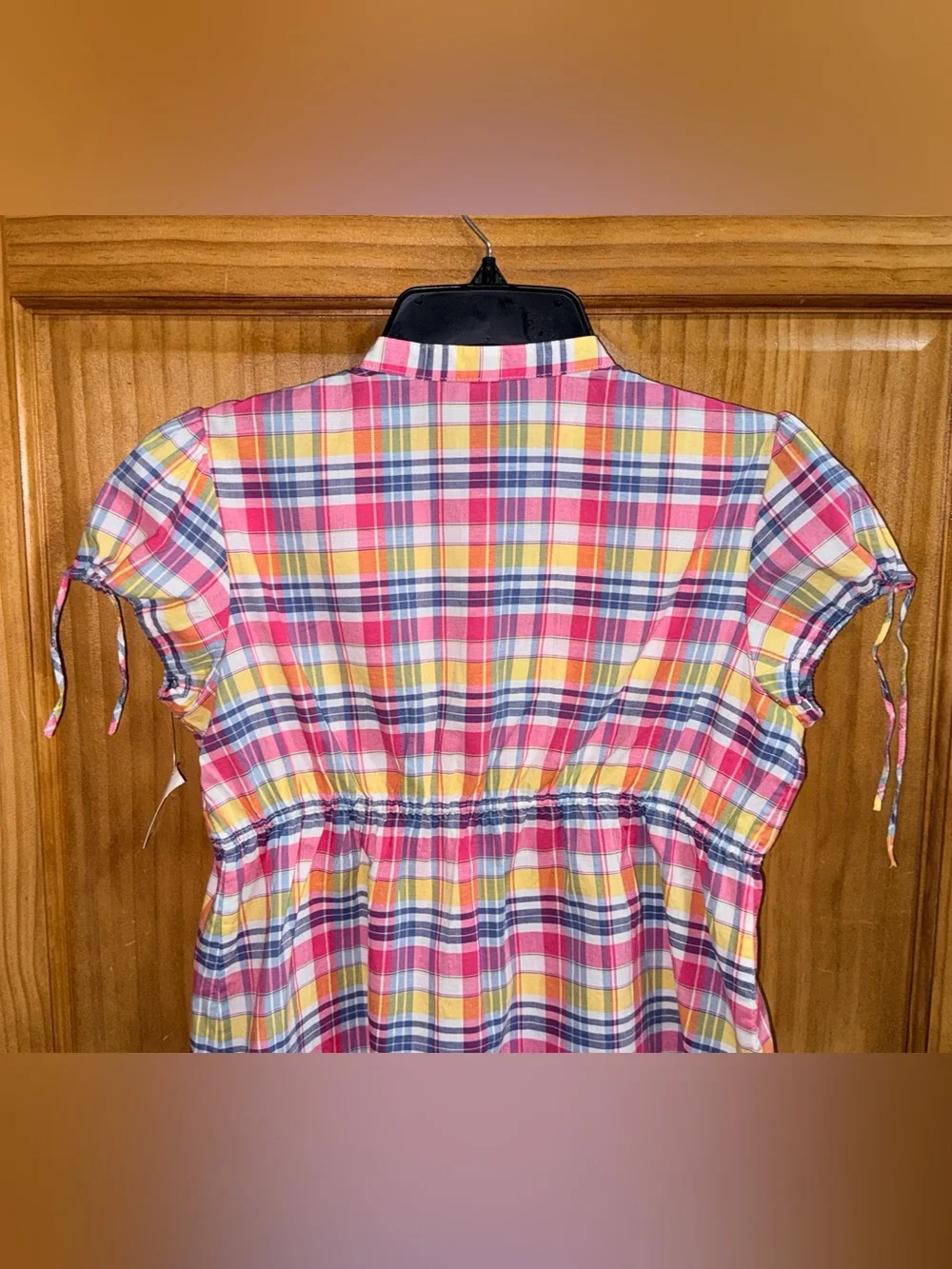 Ralph Lauren Pink Yellow Blue Plaid Ruffle Front Short Sleeve Blouse